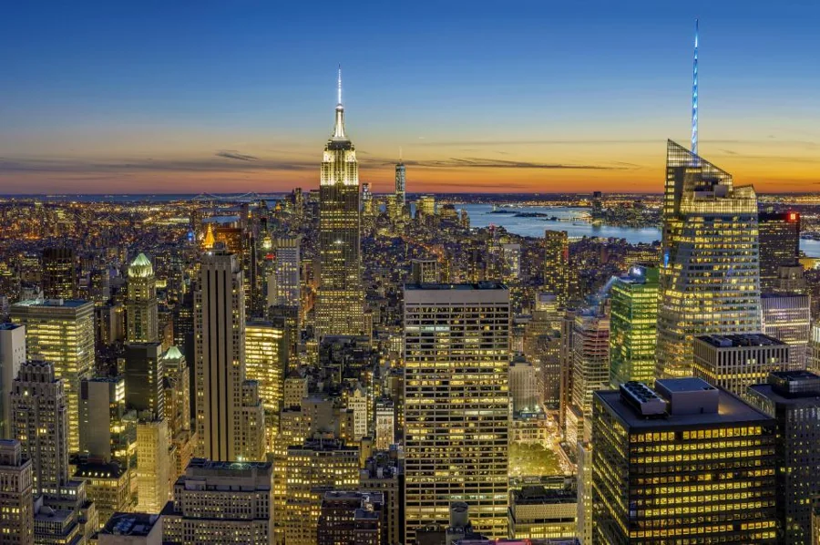 A city skyline at dusk
